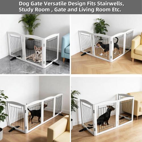 Dog Fence Indoor,Dog Gate Indoor for Doorway pet gate -3-Panel Freestanding, Hallways, House or Stairs -60x24-Inch Retractable Foldable Expandable Wood Pet by SFJC (White)