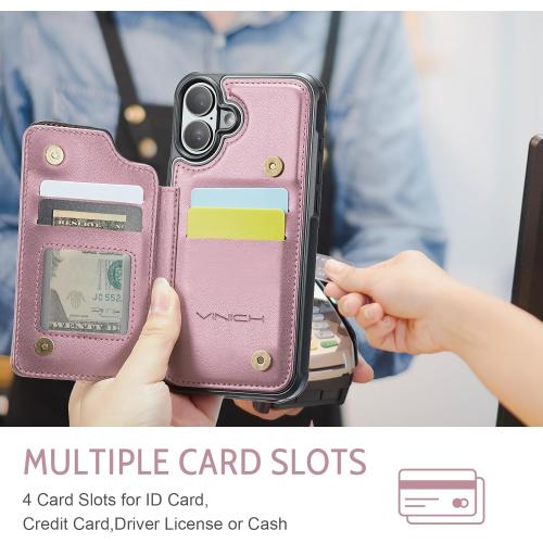 Compatible with iPhone 16 6.1 Wallet Case with Card Holder RFID Blocking for Women Men, Double Magnetic Clasp Kickstand Shockproof Phone Case Fit for iPhone 16, Rose Gold