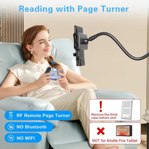 Gooseneck Tablet Holder for Kindle Reading in Bed with Page Turner Remote, Hands Free Desk Bedside Lazy Arm Stand for Kindle Accessories, Gifts for Readers