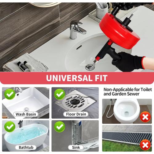 Drain Snake 50 Ft, Plumbing Snake for Sink with Drill Attachment, Snake Drain Clog Remover for Shower Drain, Kitchen, and Sink, Manual or Powered Use, Comes with Gloves and Storage Bag, 1/4 Inch, Red