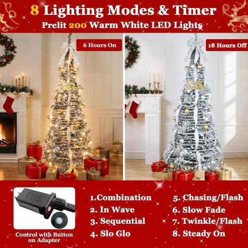 6 Ft Flocked Pop up Christmas Tree,Prelit 200 LED Lights,Opens Instantly,Fully Decorated 80 Ornaments,8 Mode Warm White Light & Timer,Foldable Xmas Tree Fire-Resistant Collapsible Outdoor Indoor Decor