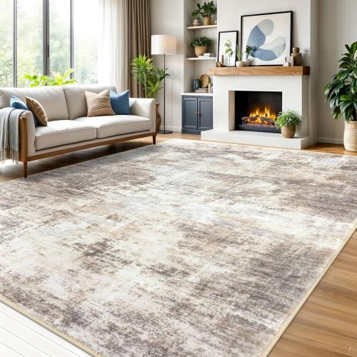IOHOUZE Abstract Area Rugs 9x12 Ft Washable Large Rugs for Living Room, Non Slip Dining Room Rug, Printed Faux Wool Rugs for Bedroom, Floor Carpet for Office Nursery Playroom, Beige Brown