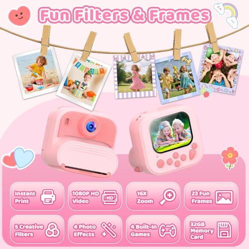 Kids Camera Instant Print: 1080P HD Digital Camera for Kids - Girls for Age 3-12 - Toddler Cameras Toys Gift for 4 5 6 7 8 9 10 11 Years Old - Cool Presents Ideals for Birthday Pink