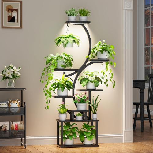 Plant Stand Indoor with Grow Lights - 62 Tall Plant Shelf, Lighted Corner Plant Stands for Indoor Growing, 8 Tiered Large Flower Holder, S-Shaped Plants Rack for Living Room, Patent Design, Black