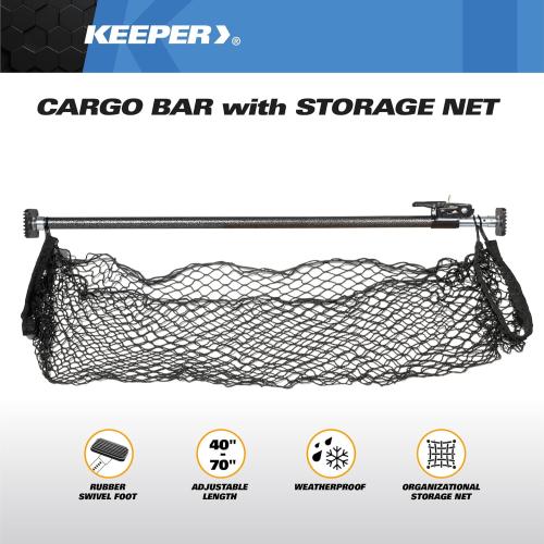 KEEPER Ratcheting Cargo Bar - Rubber, Black/Silver, Adjustable from 40-120 - Comes with 70” x 178” Storage Net (5060), For Truck