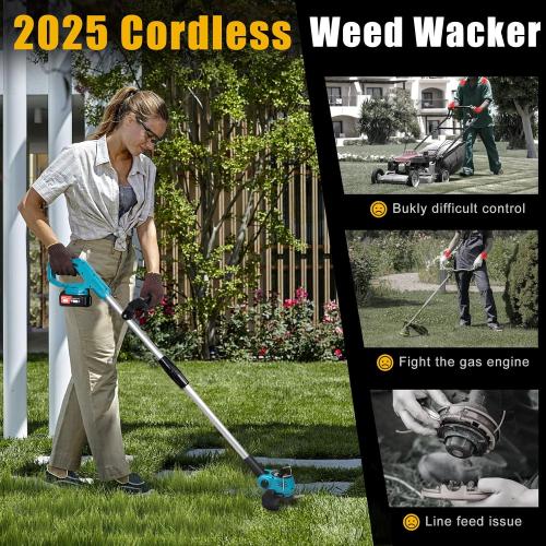Blue Electric Weed Wacker Cordless, Electric Grass Trimmer 21V 4.0Ah Battery Powered Weed Trimmer, 3 in 1 Lightweight Brush Cutter/Edger/String Trimmer with 2 Types Blade & for Garden and Yard Lawn