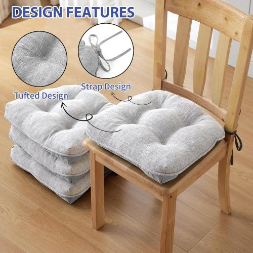 Chair Cushions for Dining Chairs Set of 4, Kitchen Chair Cushions, Chair Pads with Ties and Non Slip Backing, Tufted Memory Foam Seat Cushion 4 Pack, 15.5 x 15.5 x 4, Light Gray