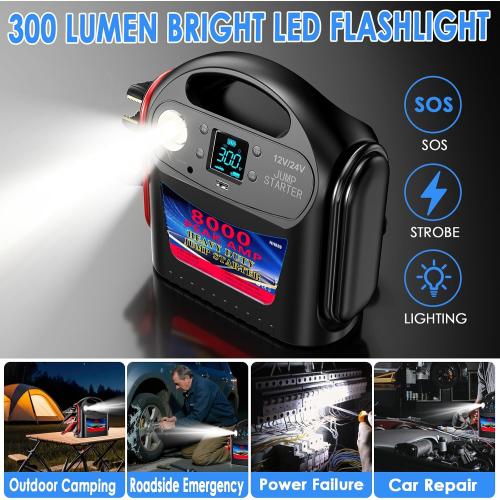 8000A 12V/24V Jump Starter for Large Gas & Diesel Engines, Heavy-Duty Portable Battery Booster Pack for Trucks, RVs & Commercial Vehicles with Force Start, Digital Display, LED Light & USB Charging