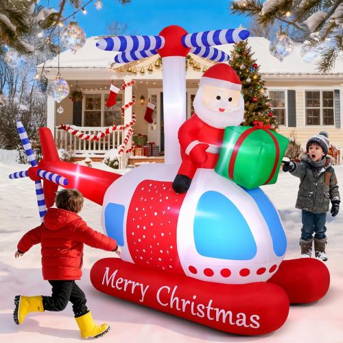 9.7 FT Christmas Inflatables Santa Helicopter Outdoor Decorations, Blow Up Santa Claus Flying Airplane with Gift Bag and Built-in LED Lights, Xmas Yard Lawn Garden Home Holiday Party Decor