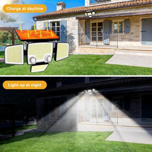 Tuffenough Solar Outdoor Lights with Motion Sensor - 2500LM Bright 4 Heads LED Security Flood Light with 2 Sensors - 3 Modes Solar Powered Detected Wall Lamp Fixtures Waterproof for Outside Yard