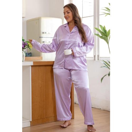 Vozanet Women's Plus Size Button Down Pajama Sets Satin Silky Long Sleeve Long Pants Sleepwear Loungewear Nighty XL to 5XL