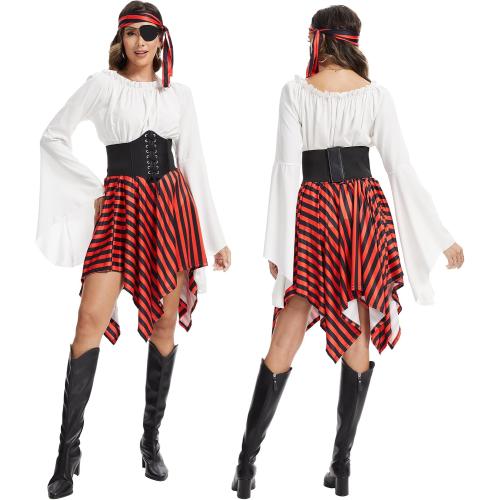 Size S-M 6 Pcs Womens Pirate Costume Renaissance Shirt Dress with Head Scarf Waist Belt Medieval Costume Accessory Sets