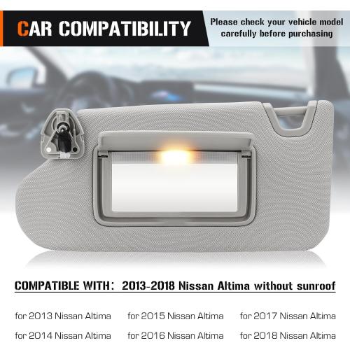 Sun Visor with Vanity Light for 2013-2018 Nissan Altima Without Sunroof, Left Driver Side Gray Sunvisor Replacement 96401-3TA2A