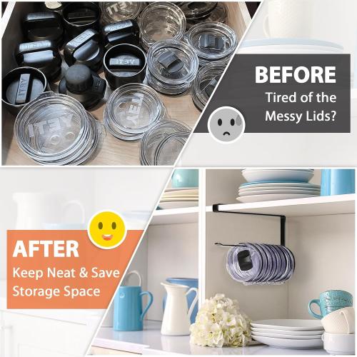 Tumbler Lid Organizer, Versatile Tumbler Lid Storage Holds 10 Lids, Black | Space Saving Cup Lid Organizers Inside Cabinet Tumbler Lid Hook for Kitchen Organizer and Storage, Paper Towel Rack Hanger
