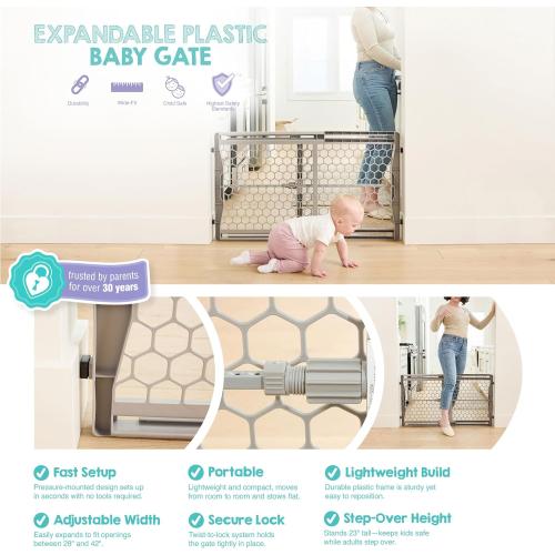 Regalo Safety 28-42 Extra Wide Expandable Baby Gate for Doorways & Bottom of Stairs, Pressure Mounted Safety Gate for Babies, Toddlers & Pets, Tested & Safe for 30 Years, American Designed and Owned