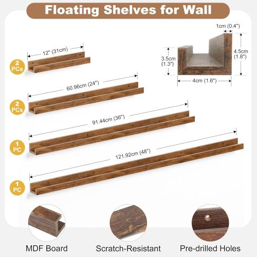 Vinyl Record Shelf Wall Mount, 6PC Album Record Holder Display, Wood Floating Shelves, Wood Ledges for Wall, 0ffice Wall Shelves, Album Shelves, Magazine Rack Walnut - 1x48In, 1x36In, 2x24In & 2x12In