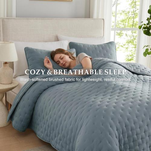 WDCOZY Dusty Blue Cloud King Size Quilt Set, Tan Lightweight Farmhouse Bedspread, Rustic Country Coverlet, Taupe Camel Soft Bedding, Thin Comforter for All Season - 3 Pieces, 104x90 inches