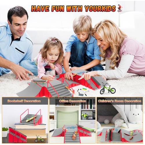 Finger Skateboard Park Kits,14-in-1 Bigger Finger Skateboard Ramp Set with 14 Ramps,8 Fingerboards,1 Finger Bike, Skate Park Kit,Fingerboard Skatepark Half Pipe Toys Gifts for Ages 3