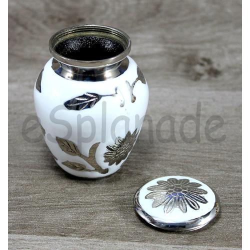 eSplanade Metal Cremation Mini urn Keepsake Memorial | Small urn for Ashes Funeral Burial Container jar Pot | Color - White(Silver Carved) Size-4.5 Inches