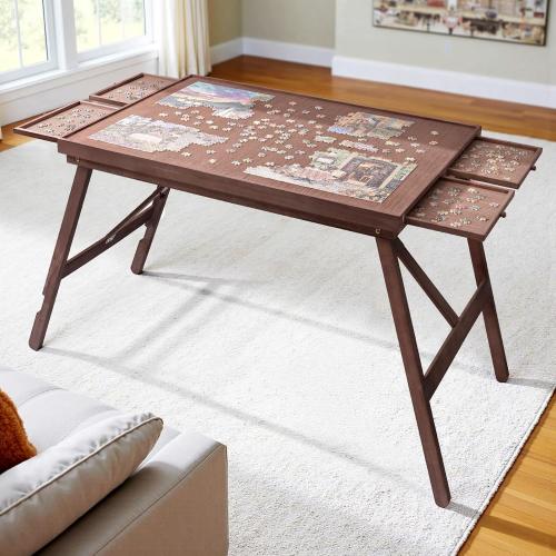 TEAKMAMA 27.6 H Tall Puzzle Board 1500 Piece Puzzle Table with Legs, 4 Drawers, 34.3 W x 26.5 D Large Wood Folding Jigsaw Puzzle Board with Cover for Adults, Chocolate Brown