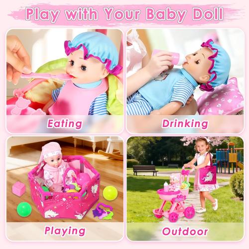 Baby Doll Stroller Toys Set, 17 PCS Baby Doll Accessories Stroller Toys with Baby Dolls,2 Sets Doll Clothes, Playpen, Handbag, Feeding Nursery Pretend Play Gifts for Girls Toddlers 3 4 5