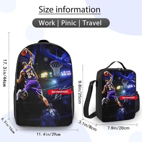 17in Double Shoulder Backpack 2Pcs Basketball Sports Star Backpack Sets, Lightweight Laptop Bag with Lunch Bag