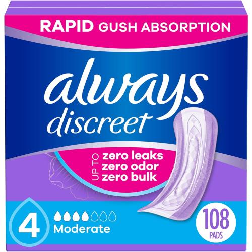 Always Discreet Adult Incontinence Pads for Women, Moderate Absorbency, Regular Length, Postpartum Pads, 108 Count (2 Packs of 54)