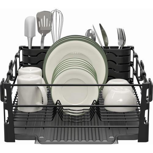 Simple Houseware Dish Drying Rack with Drainboard, Utensil Holder & Mug Hooks, Black Metal Kitchen Counter Organizer
