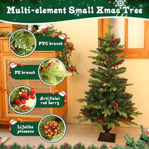 JOYHALO 2Pcs Set 4FT Outdoor Christmas Trees for Porch with 60 Remote Controlled Warm White and Multicolor LED Lights, Pre-lit Potted Christmas Tree with PVC&PE Branches