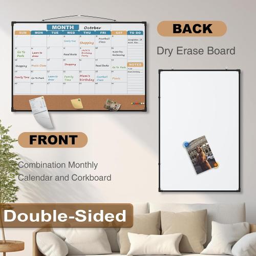 Monthly Calendar Dry Erase Board 36x24 Inch, Double-Sided Whiteboard and Corkboard Combo with Black Aluminum Frame (Color Calendar), Wall Mounted Planner with Marker, Magnet, Push Pin, Eraser