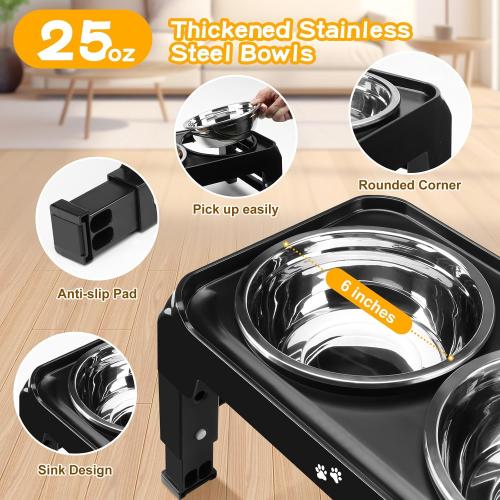 COMESOON Elevated Dog Bowls for Small Medium Dogs, 3 Height Adjustable Raised Stand with 2 Thick 6 Stainless Steel Food Bowls, Non-Slip Feeder Adjusts to 2.75, 6, 7.5, Black