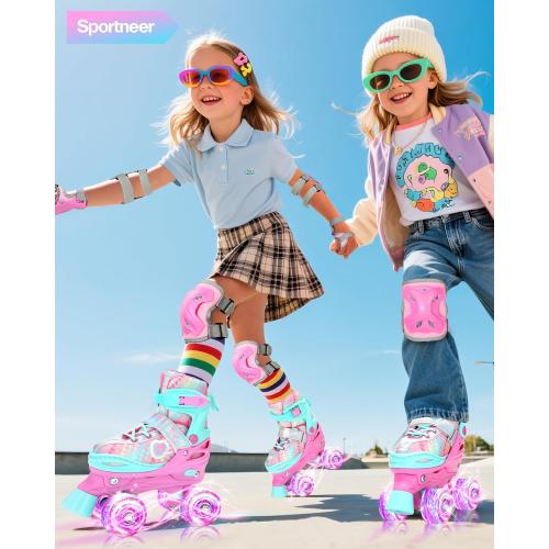 Sportneer Kids Roller Skates: 4 Size Adjustable Quad Skates with Light Up Wheels for 5-8, 8-12 Girls Boys Kids Toddlers Beginners, Birthday Gift with Protective Gear Set for Outdoor Indoor