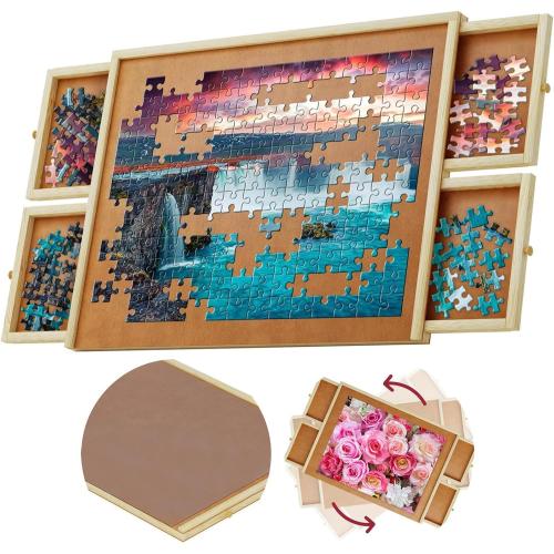 Rotating Puzzle Board with Drawers - Wooden Jigsaw Puzzle Table with Cover - Portable Wooden Puzzle Organizer - Wooden Jigsaw Puzzle Table for Adults and Kids - Puzzle Board Table