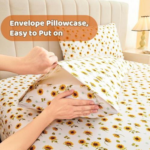 Softan Floral Sheet Set Queen, Sunflower Printed Bed Sheets Queen, Cozy Double Brushed Microfiber Fitted Sheet with 15 Deep Pocket and Corner Straps, Cute Yellow Flower Sheet & Pillowcase Sets