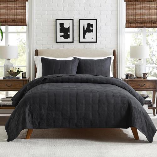 HORIMOTE HOME 100% Cotton Quilt Set King Size, Charcoal Pre-Washed Bedspreads Coverlet Set in Geometric Pattern, Cozy Lightweight Stitching Decorative Bedding Cover with 2 Shams for All Season