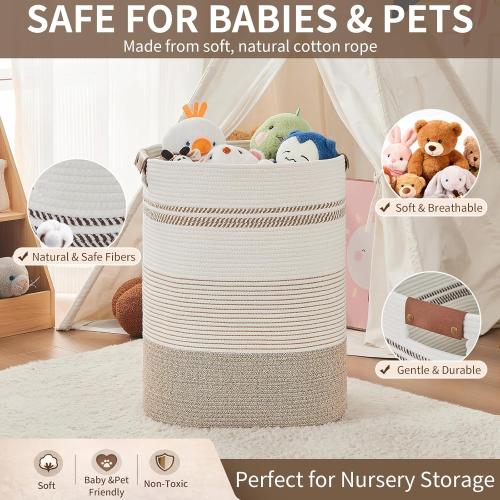 AINUOQI Laundry Basket with Handles - Blanket Basket & Hampers for Bedroom Aesthetic, Laundry Hamper & Blanket Storage for Living Room, Clothes Hamper, Tall, Large 17 x 14 x 22”, Light Brown & White