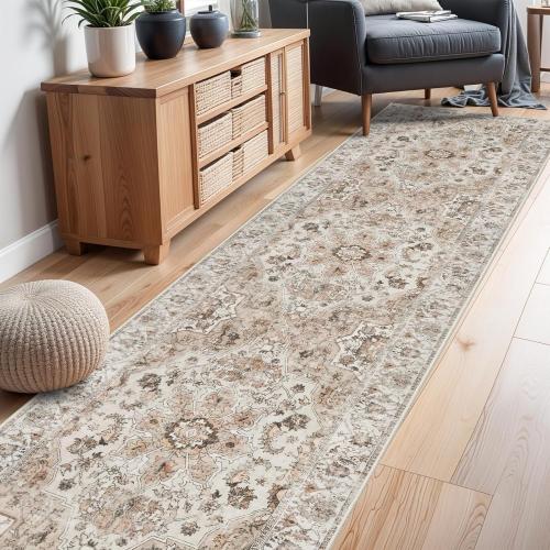 Washable Hallway Runner Rug 3x12: Non Slip Runner Rugs with Rubber Backing Soft Kitchen Rug Farmhouse Distressed Carpet Runner for Living Room Bedroom Bathroom (Beige, 3X12)