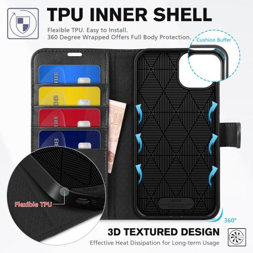 TUCCH Wallet Case for iPhone 15 Plus (6.7) 2023, 4 Card Holders, Black