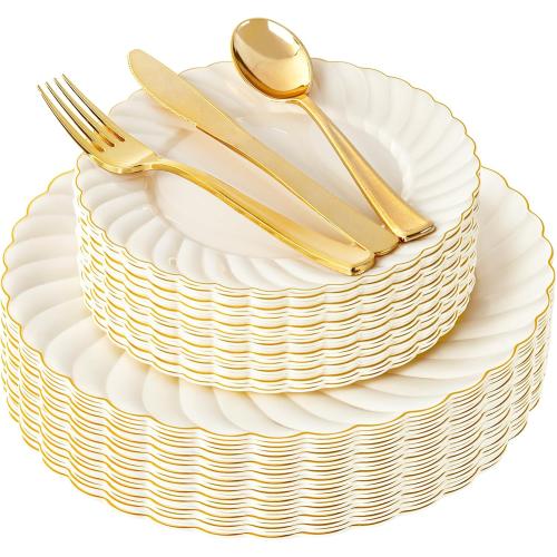 YOUBET 125PCS Scalloped Plastic Plates - Ivory Scalloped Disposable Plates - Gold Plastic Dinnerware Set Include 50 Plates, 75 Gold Silverware for Party & Wedding
