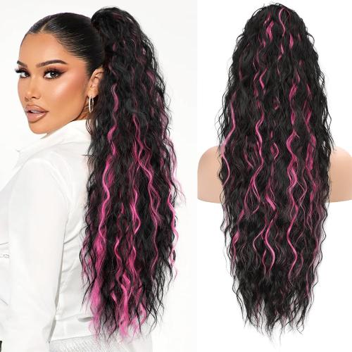 Black Hot Pink Curly Synthetic Drawstring Ponytail Extension | Lightweight 160g Natural Looking Heat Resistant Wavy Hairpieces for Women Daily Use Party 30 Inch Black Hot Pink Highlights