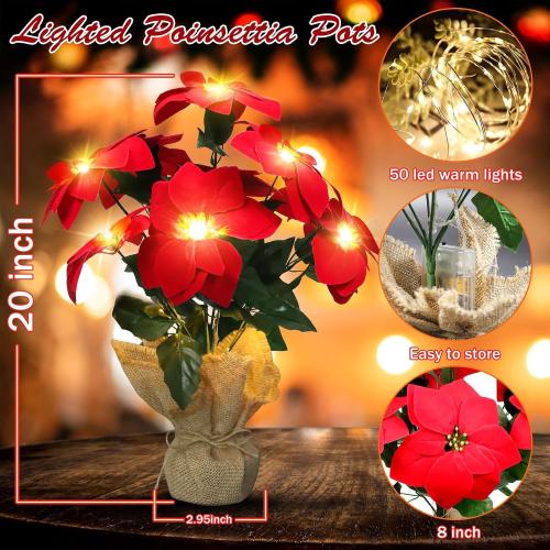 Christmas Decorations 20 Inch Pre-Lit Artificial Poinsettia Plant - 50 LED Lighted Faux Poinsettia Flowers Potted (Red,2 Pack)