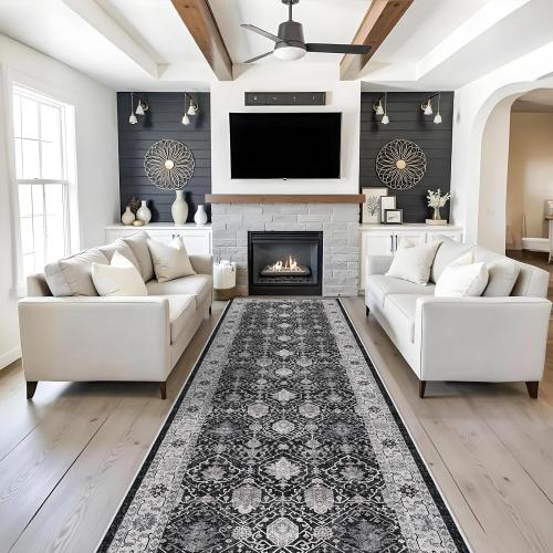 Washable 4x12 Hallway Runner Rug: Vintage Soft Carpet for Living Room Bedroom Stain Resistant Area Rug with Non-Slip Backing for Entryway Kitchen Thin Floor Mat for Bathroom Dining Room(Black,4x12)