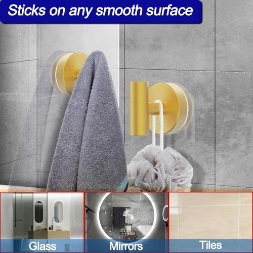Suction Cup Hooks, Shower Hooks for Inside Shower – Removable Towel Hooks for Bathroom Window Glass Mirror Tile, Bath Robe Looafh Hook for Hanging – Waterproof & Rustproof, Gold(2 Pack)