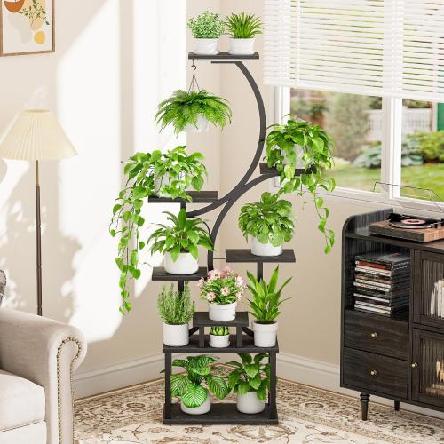 Plant Stand Indoor with Grow Lights - 62 Tall Plant Shelf, Lighted Corner Plant Stands for Indoor Growing, 8 Tiered Large Flower Holder, S-Shaped Plants Rack for Living Room, Patent Design, Black