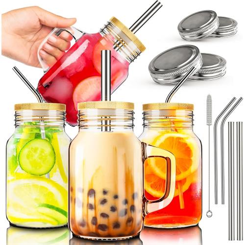 20oz Mason Jar Mug Set of 4 with Handles, Lids, Straws & Cleaning Brush - Overnight Oats & Iced Coffee Cups