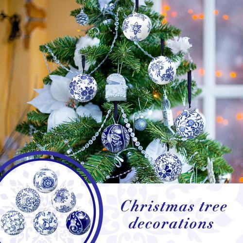Cindeer 9 Pcs Blue and White Christmas Porcelain Balls 2.4 Inch Porcelain Chinoiserie Ornament Bulk Christmas Ceramic Hanging Decorative for Tree Home Xmas Party (Elegant Style)