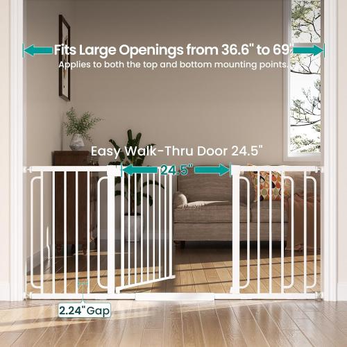 Cumbor Extra Wide Baby Gate, 36.6-69 Walk-Through Dog Gate for Stairs, Doorways & Hallways, 30.5“ Tall, Auto-Close & Dual-Swing Safety Child Gate Indoor, Easy Install Pressure-Mounted Pet Gate, White