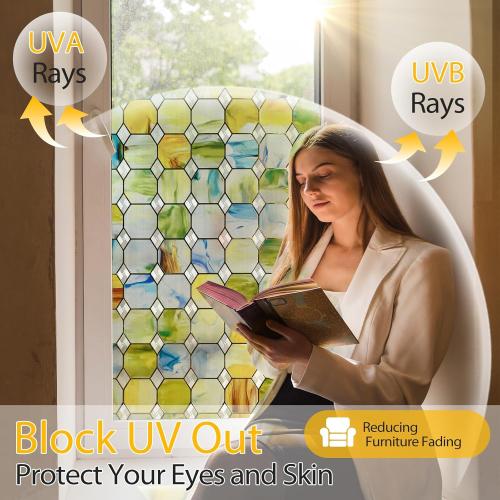 3D Stained Glass Window Film, Decorative Window Privacy Film for Bathroom,Front Door,Home, Sun Blocking Heat Control,Static Cling, Eternal Prism 23.6inch x 35.4inch