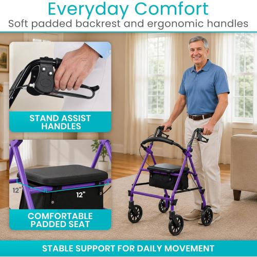 Vive Mobility Steel Rollator Walker with Seat - Foldable, Narrow, Rolling