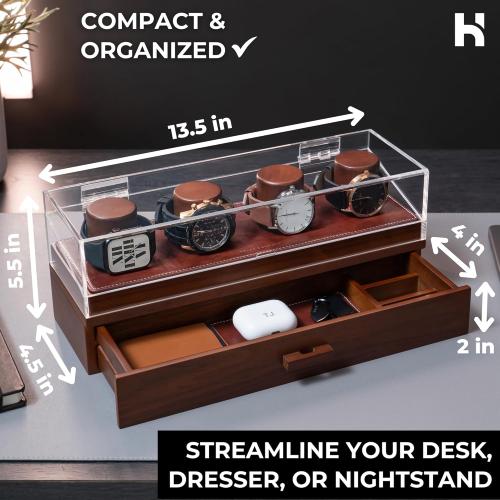 Holme & Hadfield Premium 4-Slot Wooden Watch Display Case – Handcrafted Men’s Watch Box with Accessory Drawer, Hinged Cover, Leather Lining – Christmas Gift for Collectors – Luxury Built to Last